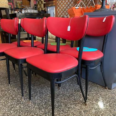 Vintage red vinyl chairs. 6 available 17” x 15” x 30.5” seat height 17” 