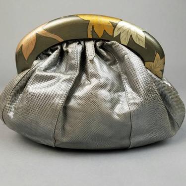70s Snakeskin Clutch Handbag Wood Handle, Vintage Reptile Leather Evening Bag, Designer Clutch Zushi, Retro Gifts for Her, Unique Purse 