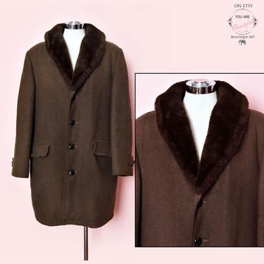 Vintage Brown Wool Winter Coat Faux Fur Lined 1950's, 1940's MENS Dark Brown 44&amp;quot; Chest, 40, Medium Overcoat, Jacket Warm 