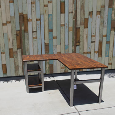 Rustic L-Shaped Desk w/ Solid Wood Butcher Top, steel tube legs &amp; shelves / industrial / rustic office furniture / Custom / unique desk 