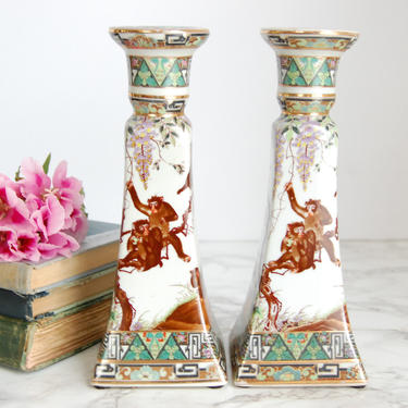 Vintage Porcelain Monkey Candlesticks Pair Candleholders with Monkey Design Chinoiserie Decor by PursuingVintage1