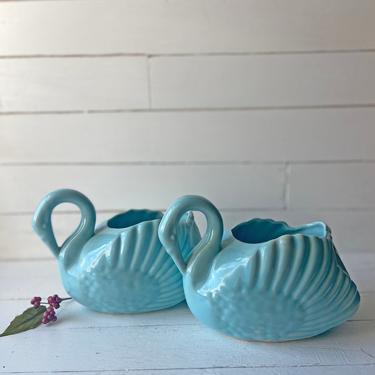 Vintage Midcentury Blue Swan Planters, Vases, Set of 2 // Boho, Eclectic, Swan Decor, Collector, Swan Vase // Unique Swan Planter // Gift 