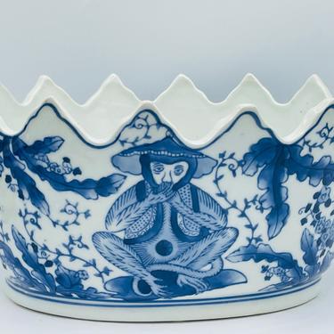 Vintage blue and white ceramic bowl,  monkeys, palm trees and other designs. Excellent condition. Chinese stamp. 