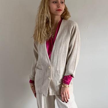 80s linen pant suit / vintage oatmeal woven pure linen petite relaxed pant suit / high waisted linen pants oversized blazer suit | XS size 2 