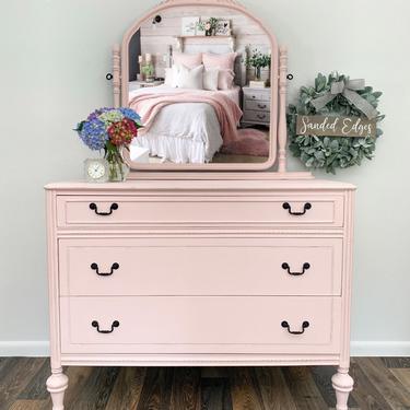 Antique Dresser with mirror, Nursery Room Furniture, Girls Bedroom, vintage girls dresser, pink distressed furniture 