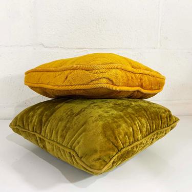 Vintage Square Velvet Pillows Accent Green Yellow Mismatched Throw Sofa Couch Avocado Mustard Small 1970s 70s Mid-Century MCM 