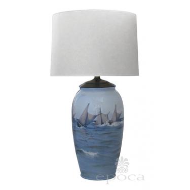 a large and striking danish Bing &amp; Grondahl ceramic table lamp painted with a seascape and mountains