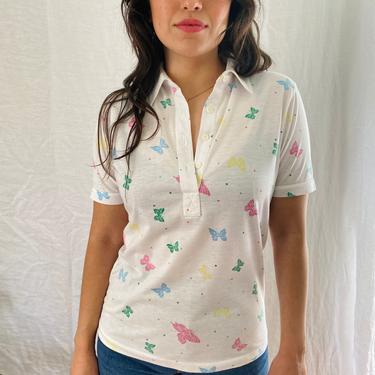 Sweetest Vintage 70s Pastel Butterfly Novelty Print Polo - Retro Short Sleeve Collared Shirt 