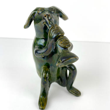 Vintage Green Musical Dog Folk Art Pottery Figure Flower Frog Artisan Studio Handmade 