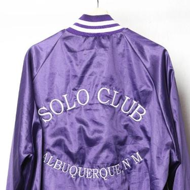 vintage 1990s ALBUQUERQUE, New Mexico PURPLE silky &quot;Singles Club&quot; embroidered &quot;Solo&quot; jacket -- men's size large -- made in the U.S.A. 