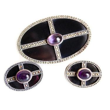 Judith Jack Art Deco Style Brooch & Earrings Set Amethyst Onyx Sterling Original Design Vintage Jewelry Accessories Collectibles Gift or Her 