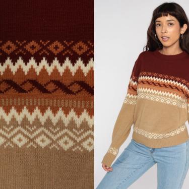 Fair Isle Sweater Bown Bohemian 70s Boho Striped Knit Norwegian Ski Sweater Vintage 80s Acrylic Fall Geometric Pullover Jumper Medium 