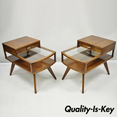 Vintage Pair Mid Century Danish Modern Walnut &amp; Glass Two Tier Step End Tables
