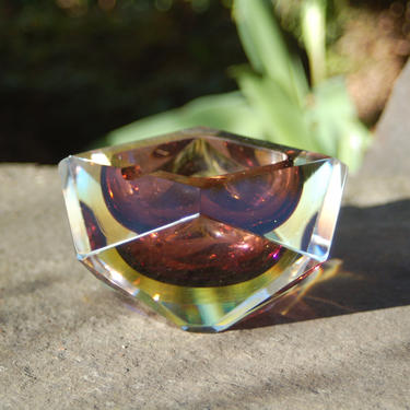 Murano Art Glass Mandruzzato Sommerso Faceted Geometric Ashtray ~ '60's Rose Taupe Art Glass Mandruzzato Faceted Sommerso Glass Bowl Ashtray 