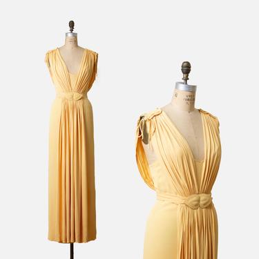 1930s Yellow Crepe Gown / 30s Draped Grecian Style Dress 