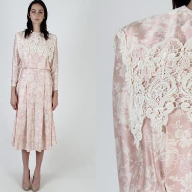 Jessica McClintock Pink Silk Dress / 1980s Victorian Style Mauve Dress / Vintage 1980s Deco Party Long Sleeve Silky Fringe Midi Dress 