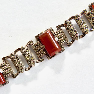 Art Deco Silver Carnelian Marcasite Bracelet 