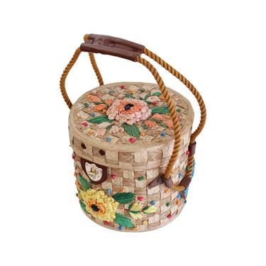 1960s Raffia Floral Basket Purse - Vintage Raffia Straw Purse - Vintage Basket Purse - Vintage Floral Handbag - Vintage Summer Handbag 