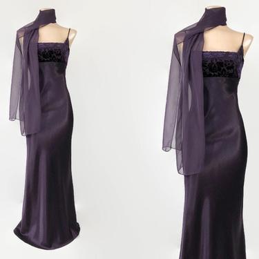VINTAGE 90s Midnight Purple Liquid Satin Cocktail Prom Dress & Scarf | 1990s does 1930's Formal Gown | 90's Party Dress | Steppin Out 3/4 