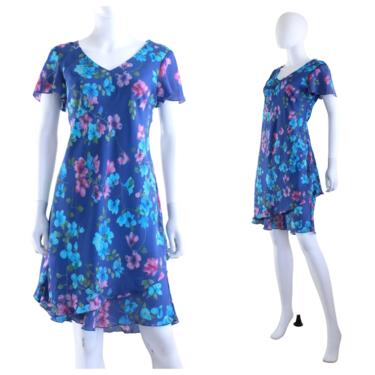 Y2k Blue & Purple Floral Sheath Dress - Y2k Blue Summer Dress - Y2k Purple Summer Dress - Vintage Floral Summer Dress | Size Medium / Large 