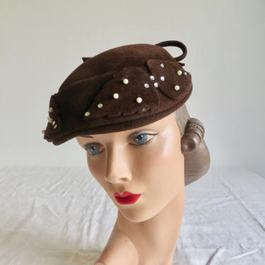 Vintage 1950's Brown Felt Hat with Pearls and Rhinestones Trim Jolie Velour 50's Millinery 