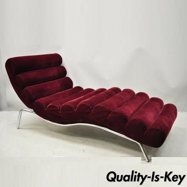 20th C. Burgundy Velvet Mid Century Modern Chrome Adjustable Wave Chaise Lounge