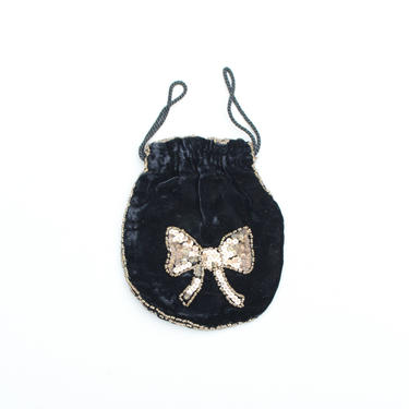 antique 1920s black silk velvet drawstring purse - gold sequined bow / 1920s flapper dance wristlet bag - gold sequins / Gatsby party bag 