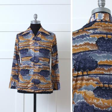 mens vintage 1970s shirt • blue trees & clouds print long sleeve button-up shirt with big collar 