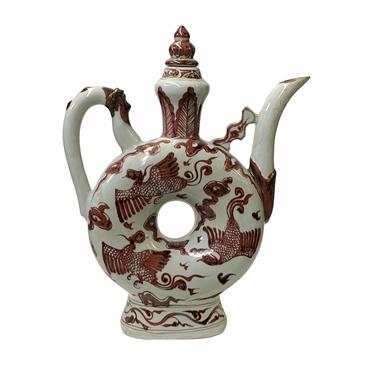 Chinese Off White Brick Blood Red Birds Graphic Theme Vase Jar ws1665E 