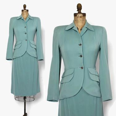 Vintage 40s Aqua Wool Suit / 1940s Tailored Woven Wool Blazer Jacket Pencil Skirt 