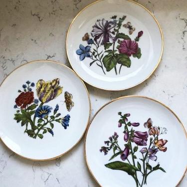 Vintage 3 Rare Kuba Porzellan Colorful Garden Butterfly Plates 7.5&quot; Gold RimGermany Bavaria Fine Porcelain by LeChalet