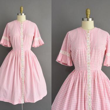 vintage 1950s dress | Pink Gingham Cotton Full Skirt Summer Day Dress | Medium | 50s vintage dress 