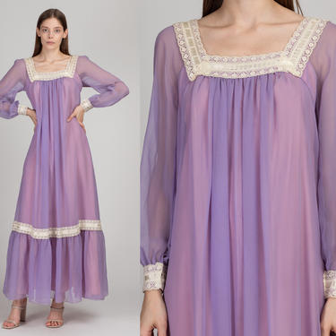 70s Boho Lilac Purple Maxi Dress - Small | Vintage Crochet Trim Square Collar Long Sleeve Hippie Gown 