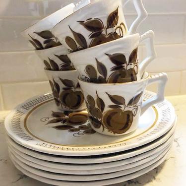 12-Piece Brown and White Floral Luncheon Set Service For 6, Cera-Stone By Jonas Roberts Romano Pattern Made In Japan Floral Snack China by LeChalet