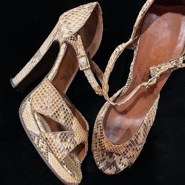 1970s Snakeskin Platform Shoes with Ankle Strap 