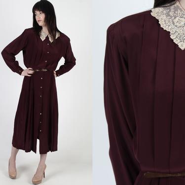 Silk Ralph Lauren Dress / Vintage 80s Deep Burgundy Silk Dress / Lace Collar Full Skirt Dress / Evening Party Midi Dress 