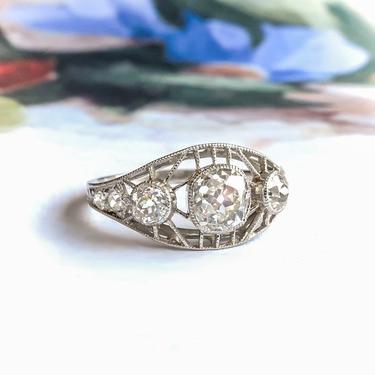 Antique 1.24ct t.w. Edwardian Old European Cut Diamond Filigree Engagement Anniversary Ring Platinum 
