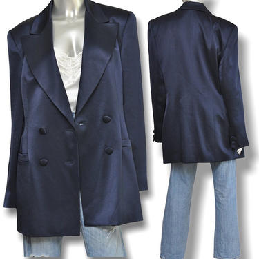 Vintage Navy Blue Satin Oversized Women’s Double Breasted Blazer Jacket Tuxedo Jacket 
