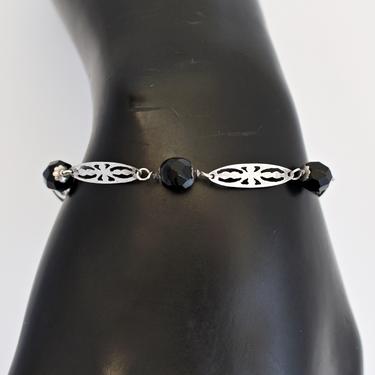 70's Art Nouveau style sterling links faceted beads bracelet, edgy black glass pointed 925 silver ovals gothic stacker 