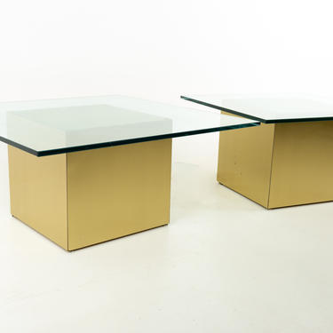 Paul Mayen Style Mid Century Brass and Glass Side End Tables - Pair - mcm 