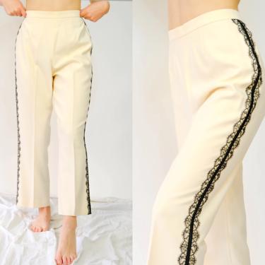 Vintage 90s Escada Couture Ivory High Waisted Straight Leg Slacks w/ Black Lace Tuxedo Stripe | 100% Wool | 1990s Couture Designer Pants 