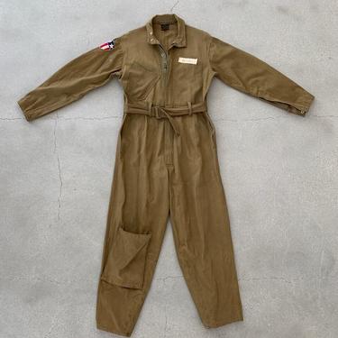 Vintage WW2 A-4 Coverall Size 38 | Beige Cotton Canvas Belted | USA Made 40s | Sun Star Shield Transportation Corps 