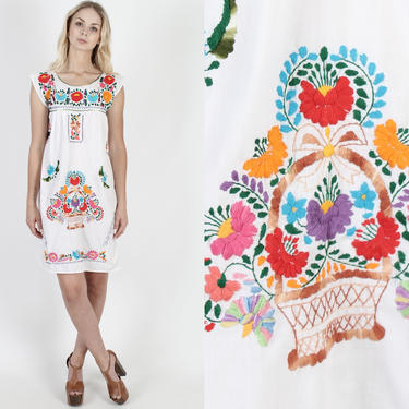 White Mexican Dress Sleeveless Embroidered Floral Dress Summer Sun Tank Dress Vintage 70s Fiesta Womens Cotton Shift Mini Dress 