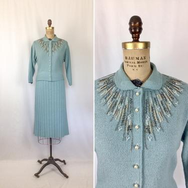 Vintage 50s knit suit | Vintage teal wool knit two piece suit | 1950s Kimberly beaded cardigan skirt set 