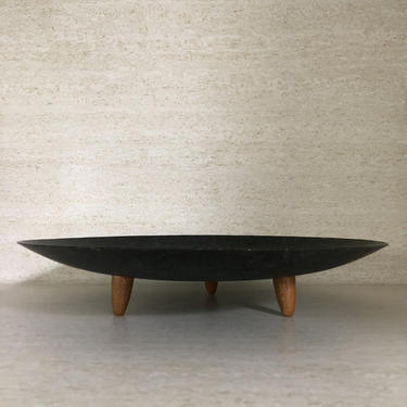 Modernist Enamel Metal With Wood Feet Fruit Bowl 
