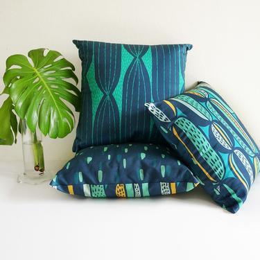 Modern Cactus Stripe throw pillow in navy and teal • original cactus-inspired textile • mid-century modern style 
