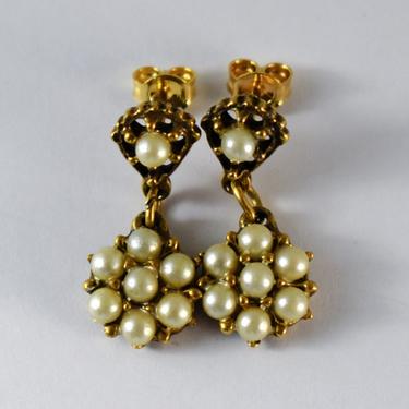70's Renaissance Revival gold plated metal faux pearls ornate floral dangles, dainty romantic hippie flower stud earrings 