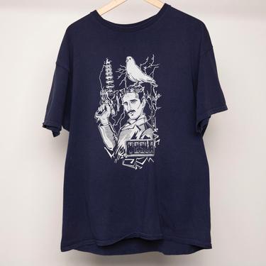 vintage 1990s y2k TESLA blue & white short sleeve oversize t-shirt top Nikola Tesla t-shirt -- men's size xl 