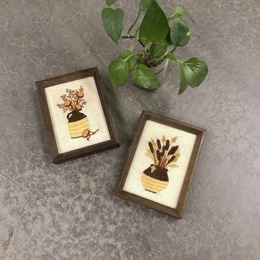 Vintage Crewel Embroidery Set Retro 1970s Small Size Floral Crewel Embroidery Art Set of 2 + Brown Wood Frame + Homemade + Fiber + Wall Art 