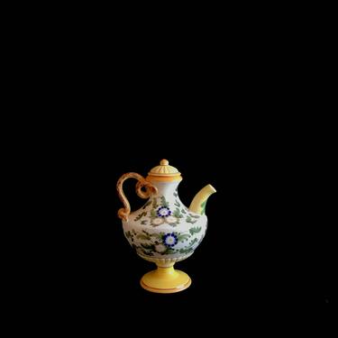 Vintage Italian Ceramic Pottery Classical Neoclassical Hand Painted Urn Pitcher Ewer with Floral Theme and Swirl Handle Italy 1950s 